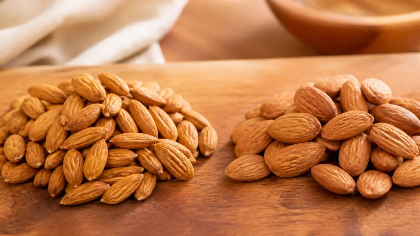 Mamra almonds and California almonds side by side — buying guide for Pakistan | Khan Dry Fruits