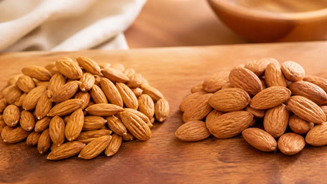 Mamra almonds and California almonds side by side — buying guide for Pakistan | Khan Dry Fruits