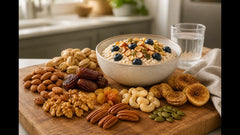 USA healthy nuts and dried fruits pantry guide — almonds walnuts dates trail mix on kitchen board