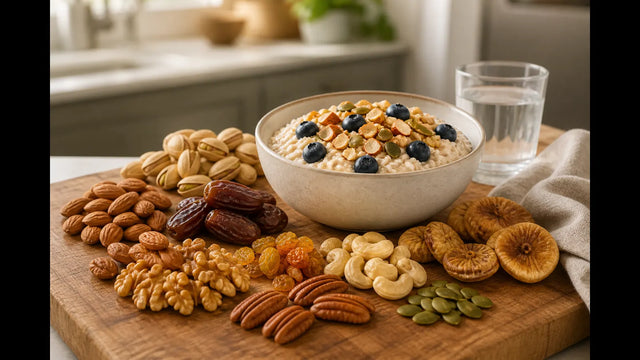 USA healthy nuts and dried fruits pantry guide — almonds walnuts dates trail mix on kitchen board