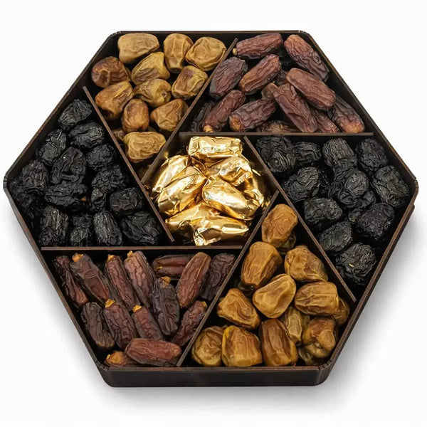 Premium Assorted Dates Gift Box – 7 Portion Dark Brown Hexagon