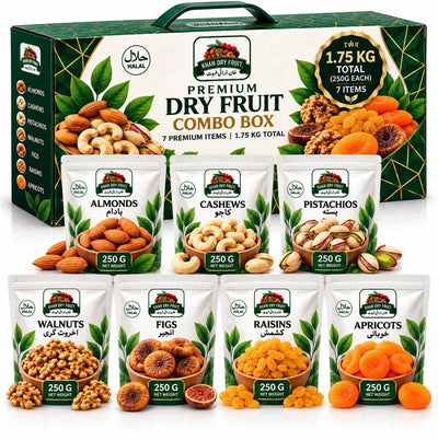 Dry Fruit Combo Gift Box 1.75kg – 7 Premium Varieties (Almonds, Cashews, Pistachios, Walnuts, Figs, Raisins, Apricots) 250g Each | Mini Family Pack