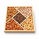 Top view of 5-compartment wooden dry fruit gift box with walnuts, pistachios, almonds, cashews and pine nuts – premium Eid gift Pakistan